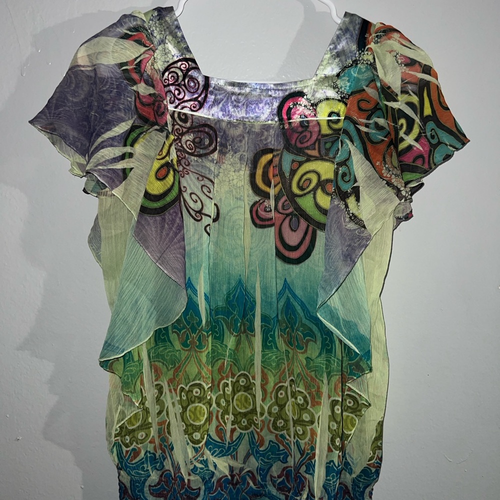 ONE WORLD Multi-Color Sheer Ruffle Boho Blouse - Picture 8 of 8